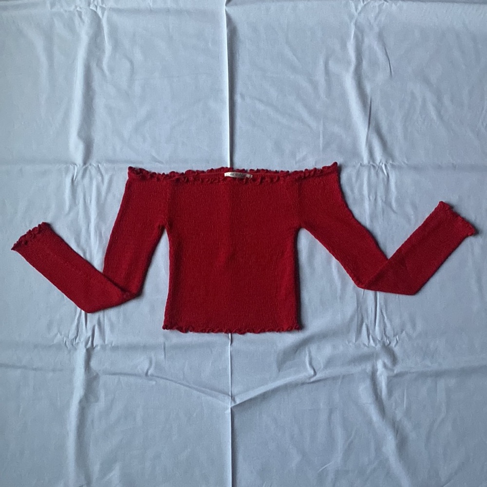 Ruffled Rouched Red Long Sleeve Ruched Crop Top